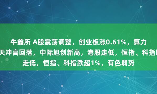 牛鑫所 A股震荡调整，创业板涨0.61%，算力硬件领涨，商业航天冲高回落，中际旭创新高，港股走低，恒指、科指跌超1%，有色弱势